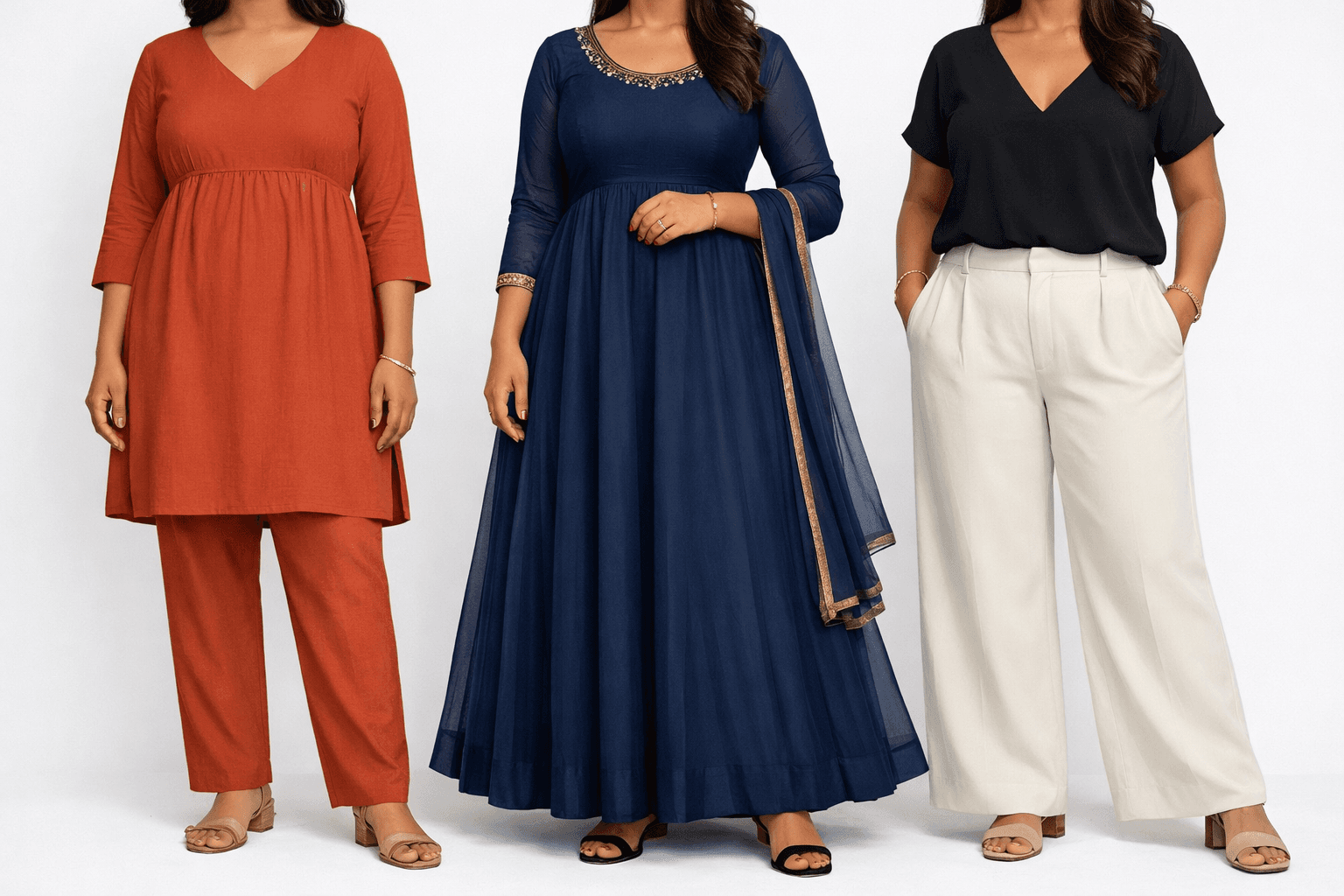 Apple body type outfit examples for Indian women — empire-waist kurta, Anarkali suit, and V-neck blouse combinations