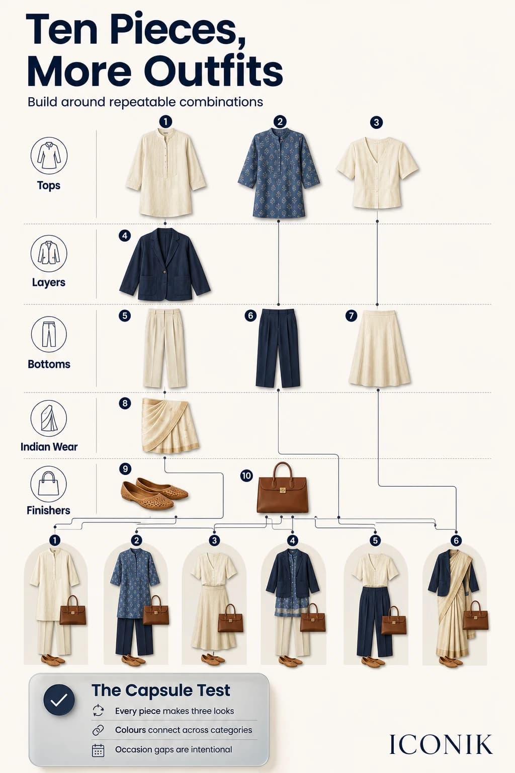 Ten Indian capsule wardrobe pieces connected into six complete ethnic and western outfit formulas.