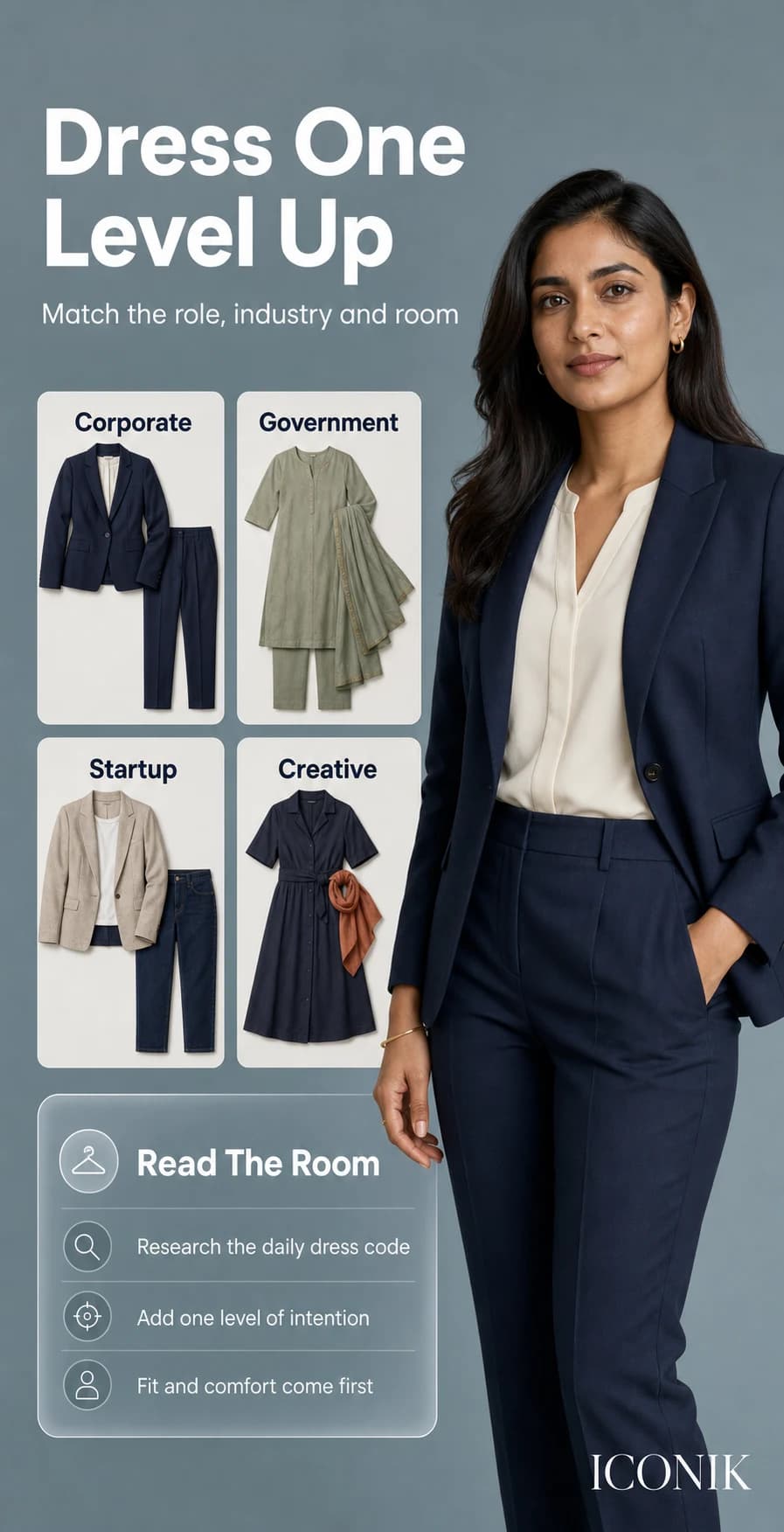 Indian professional beside interview outfit formulas for corporate, government, startup and creative workplaces.