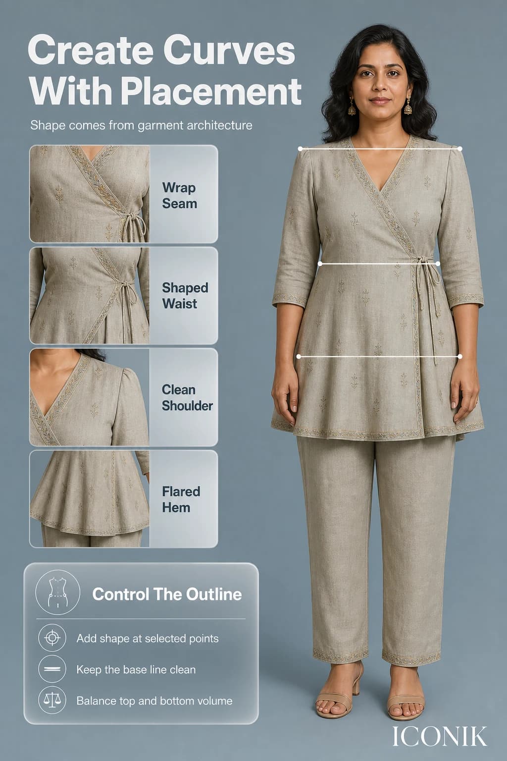 Indian woman with rectangle proportions showing wrap seam, waist shaping, clean shoulder and flared hem placement.