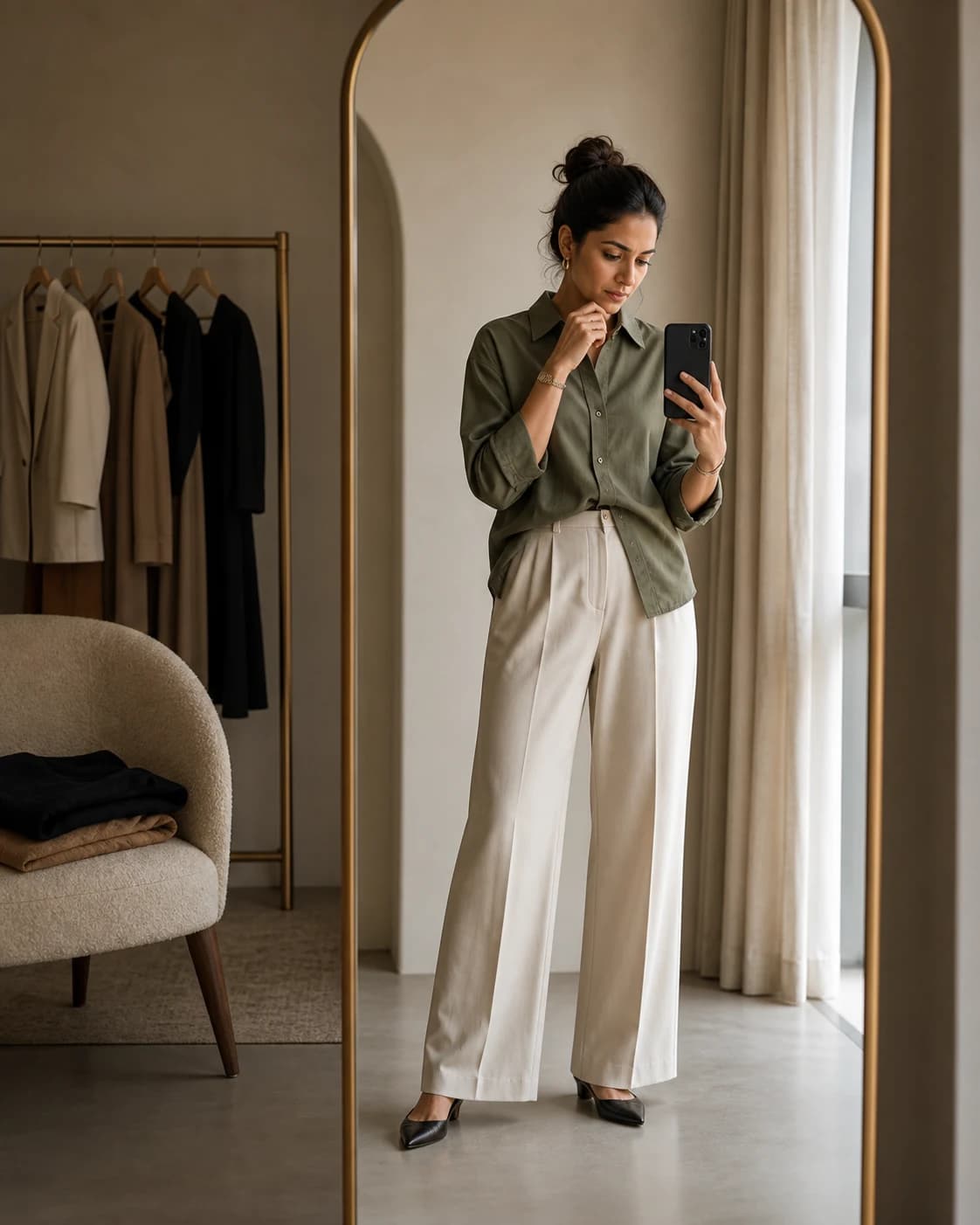 A woman checking how her outfit looks in a mirror