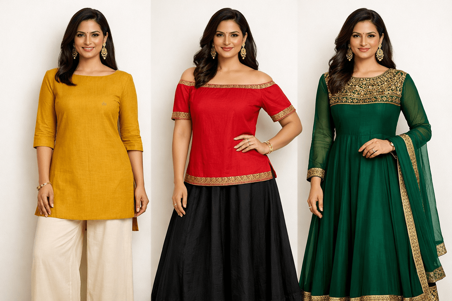Pear body type outfit examples for Indian women — boat-neck kurta, A-line suit, and Anarkali with structured yoke