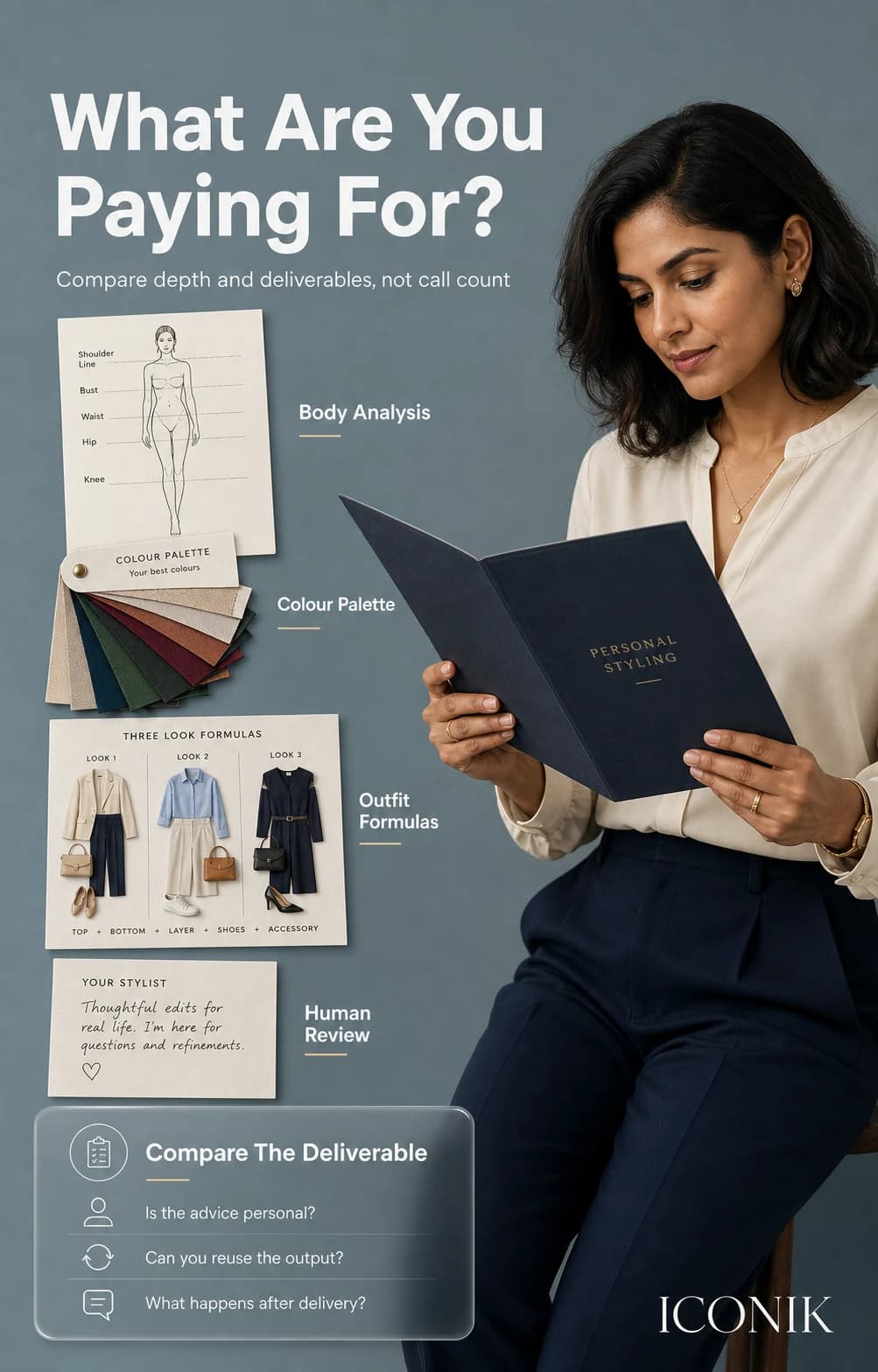 A fictional Indian client and personal stylist reviewing a structured wardrobe plan, colour palette, and outfit selections during a premium consultation