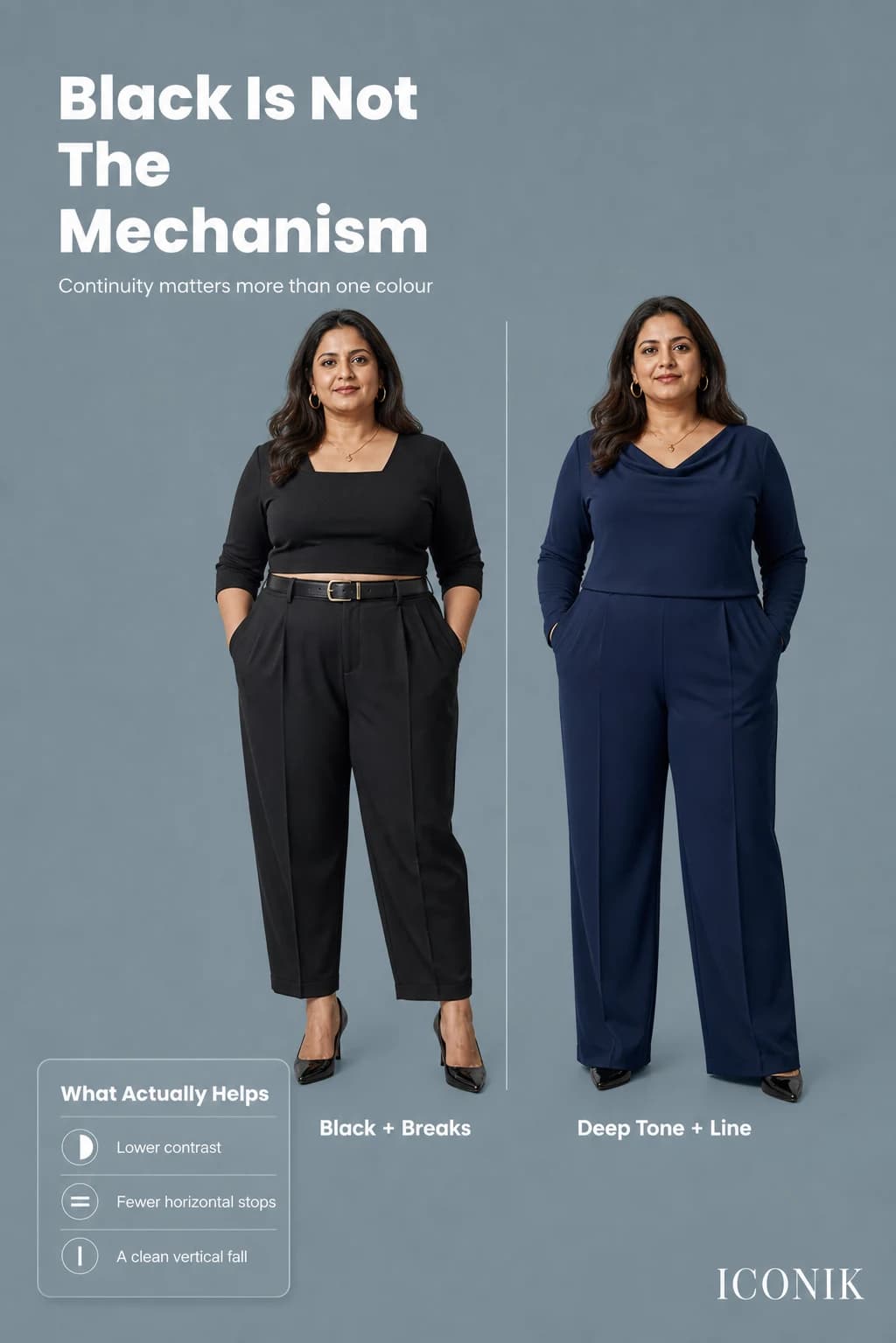 Same fuller-bodied Indian woman showing a black outfit with horizontal breaks and a deep navy outfit with continuous vertical fall.