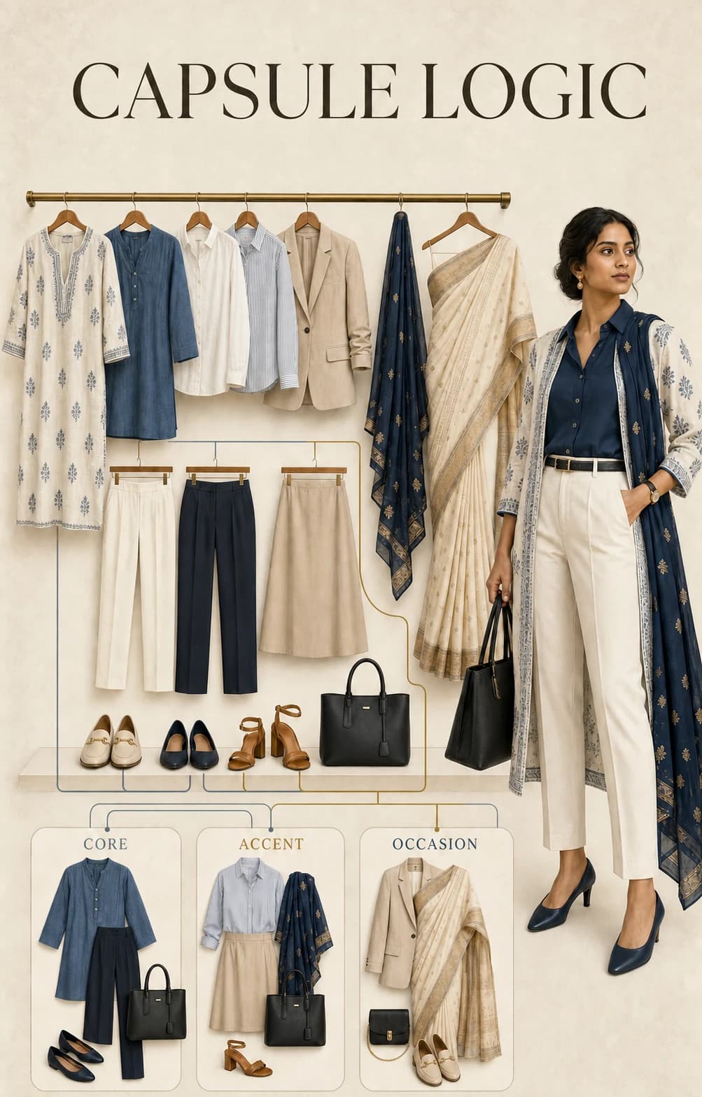 Indian capsule wardrobe combining kurtas, a saree, dupatta, shirts, trousers, shoes and accessories into core, accent and occasion outfits.