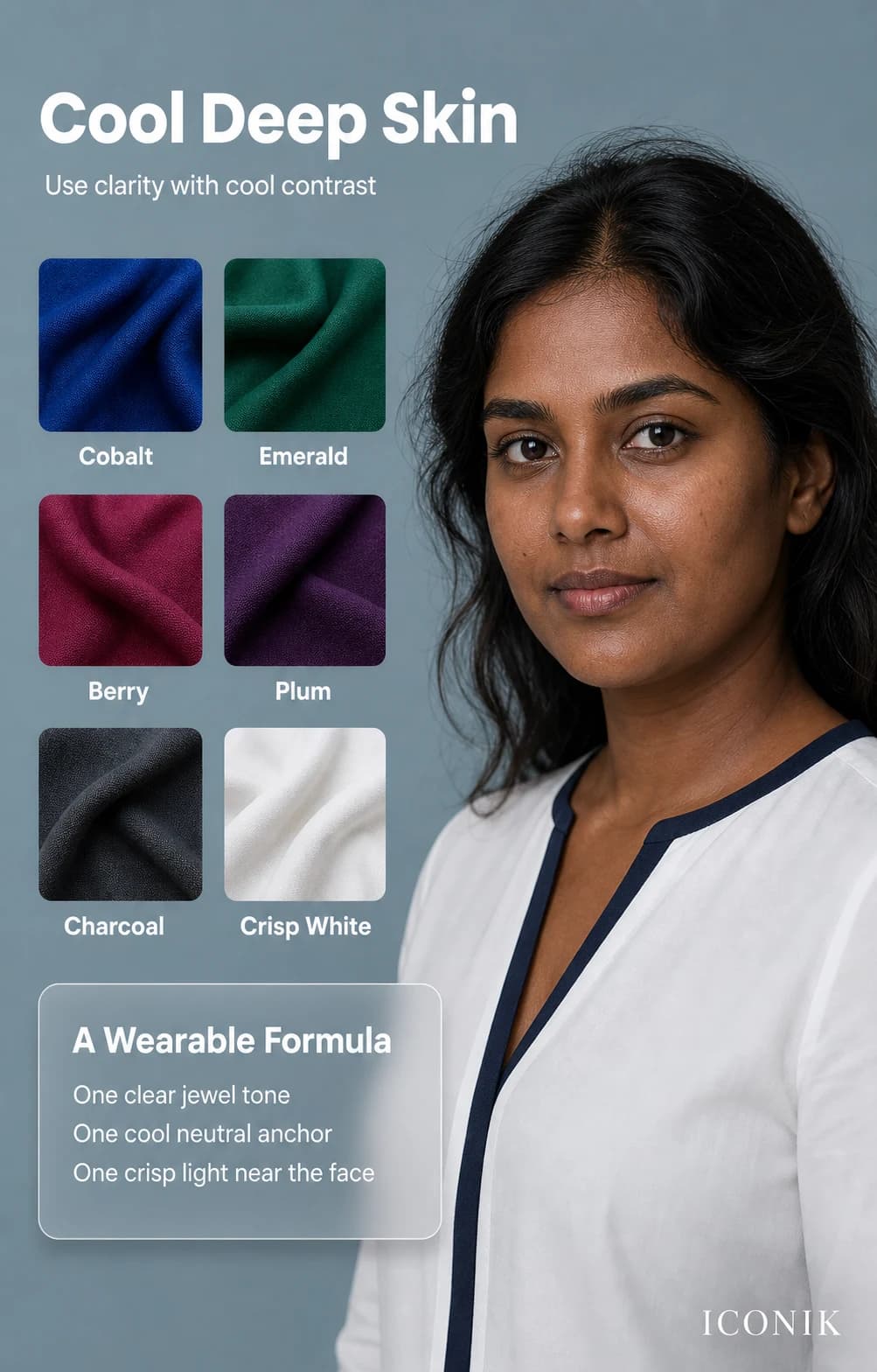 Cool deep Indian skin palette with cobalt, emerald, berry, plum, charcoal and crisp white.