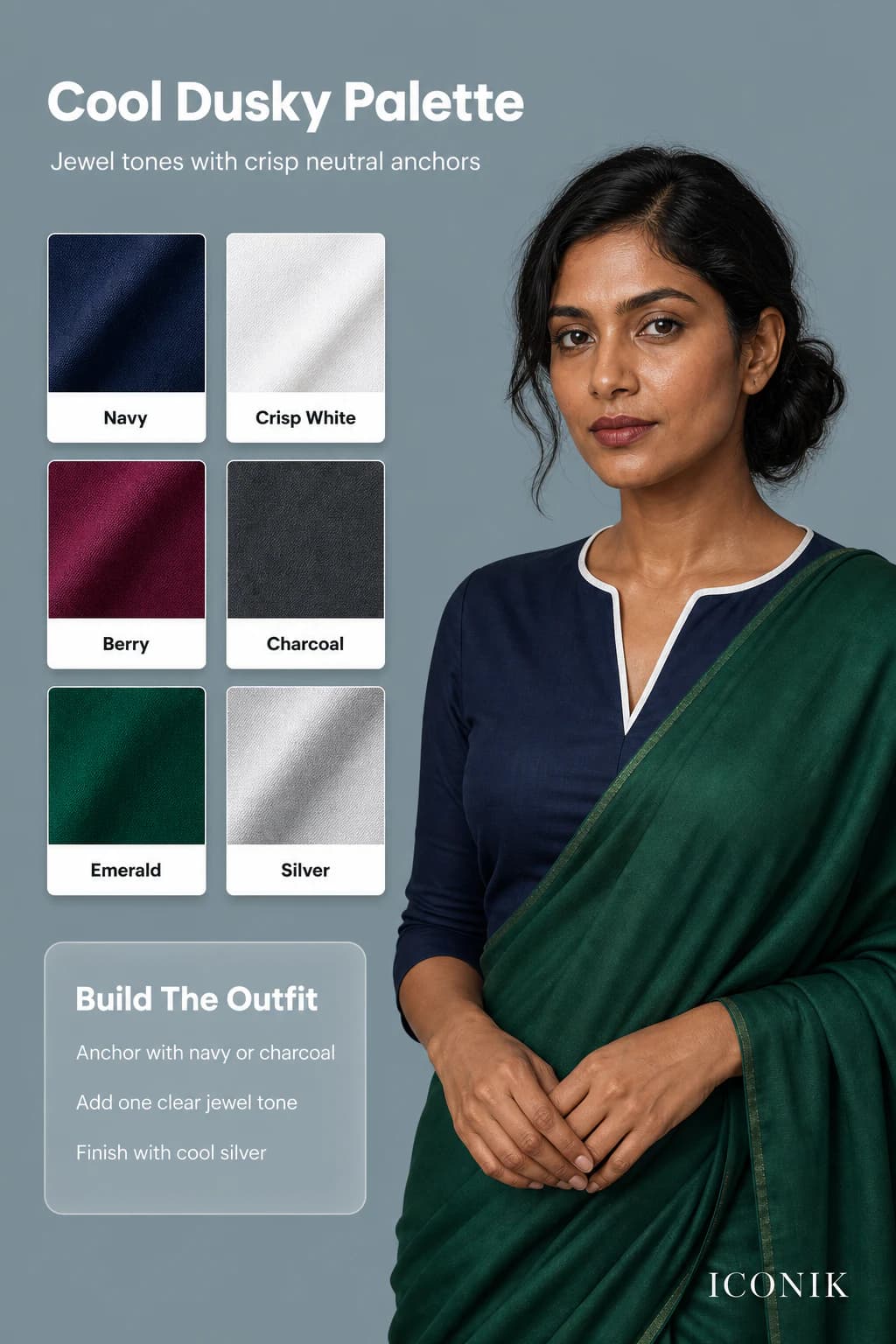 Cool dusky Indian skin palette with navy, white, berry, charcoal, emerald and silver swatches.