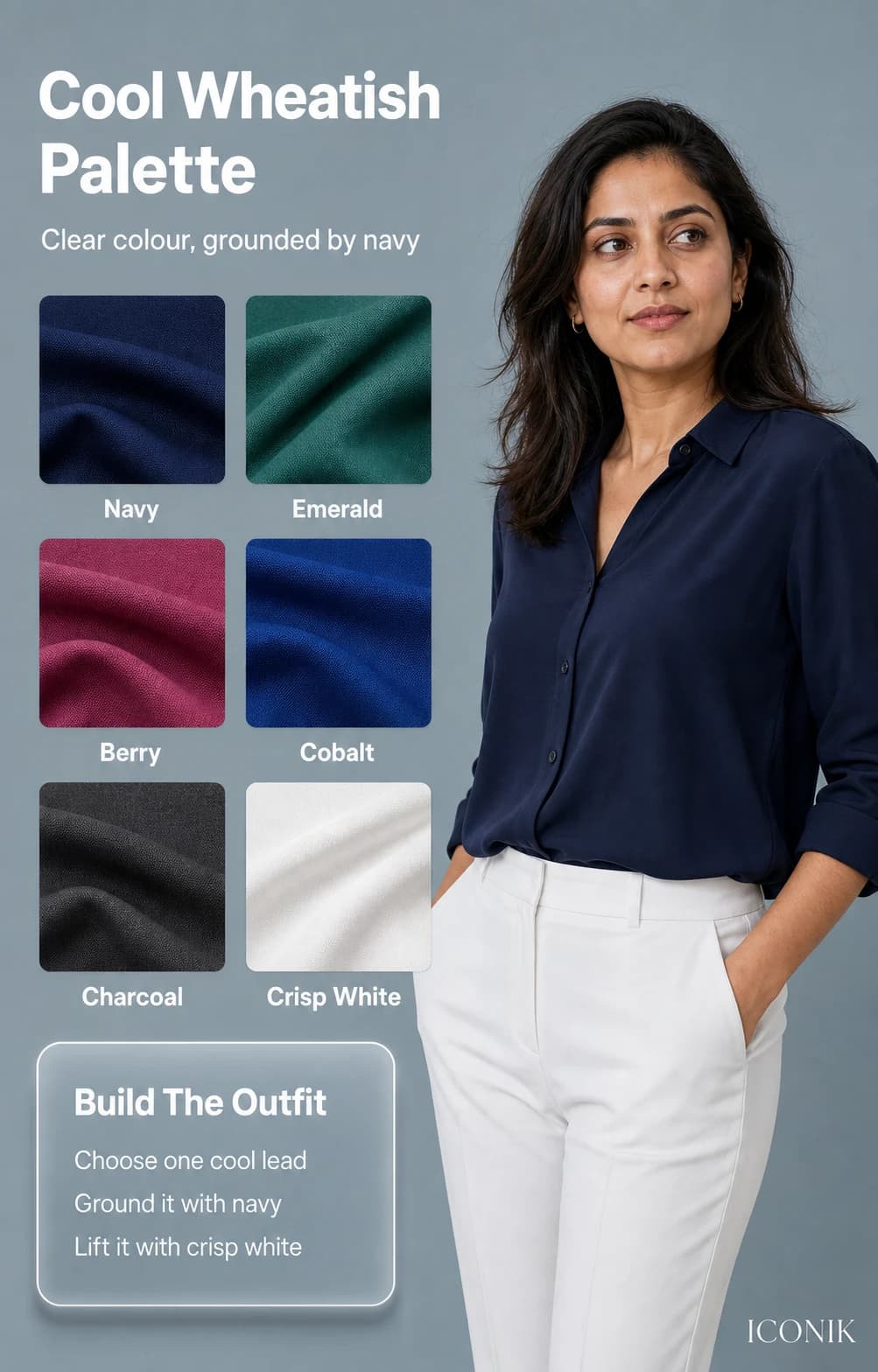 Cool wheatish Indian skin palette with navy, emerald, berry, cobalt, charcoal and crisp white.