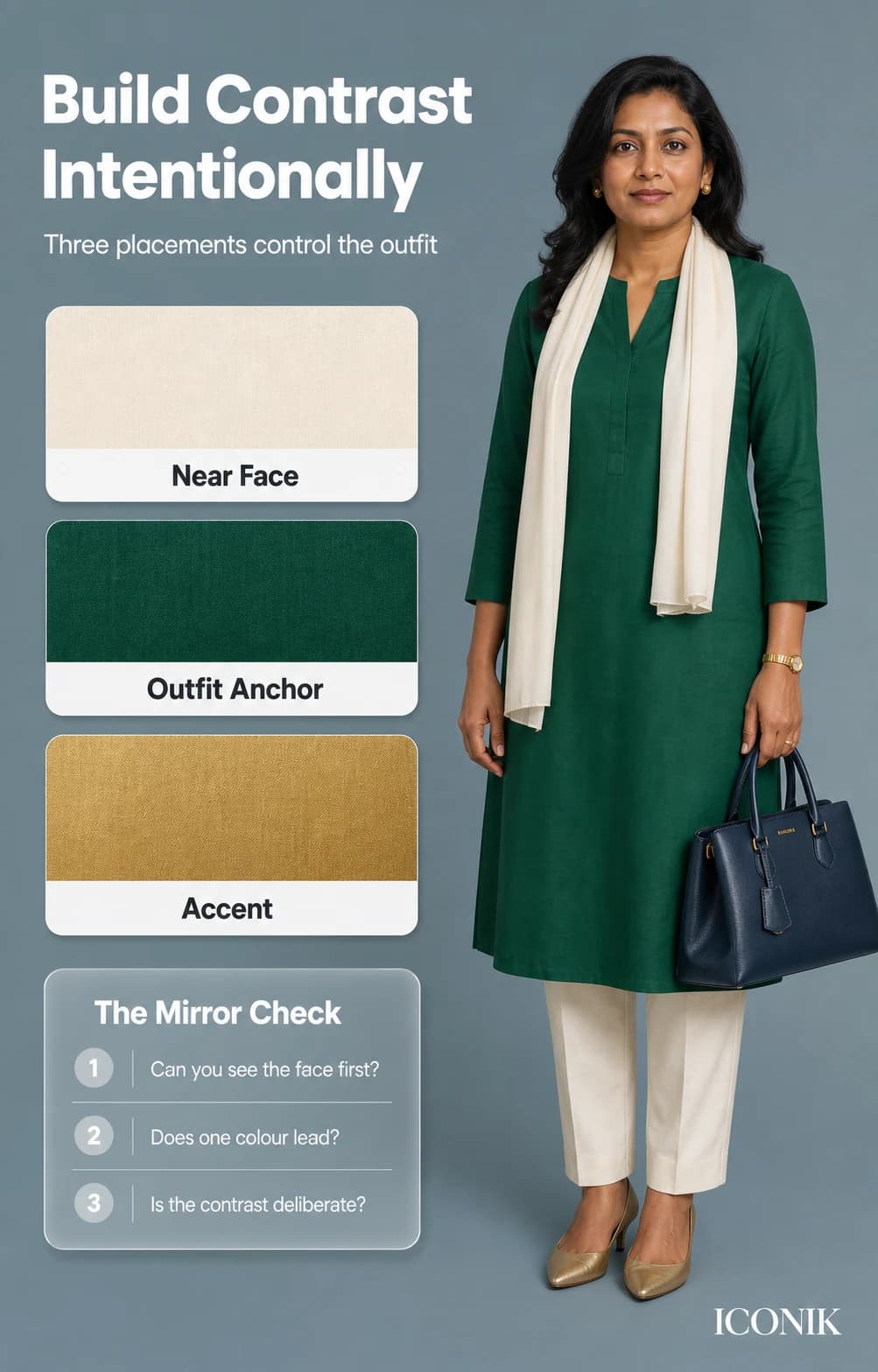 Deep-skinned Indian woman in an emerald kurta showing near-face colour, outfit anchor and accent placement.
