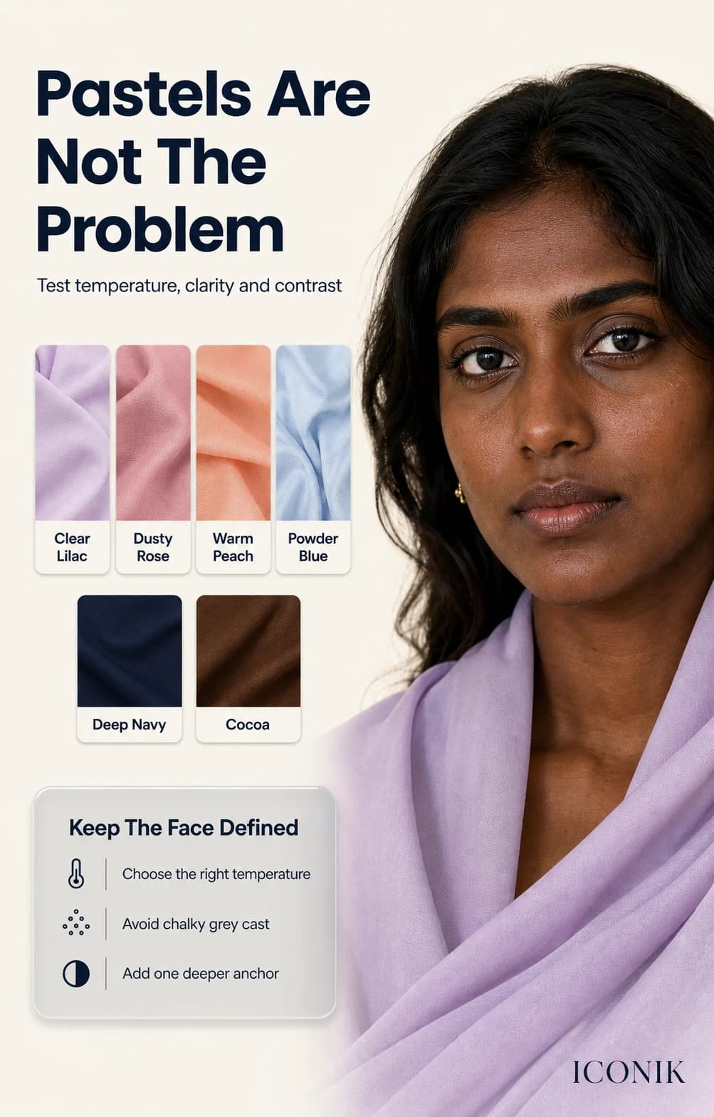Deep Indian skin with clear lilac, dusty rose, warm peach and powder blue pastels plus navy and cocoa anchors.