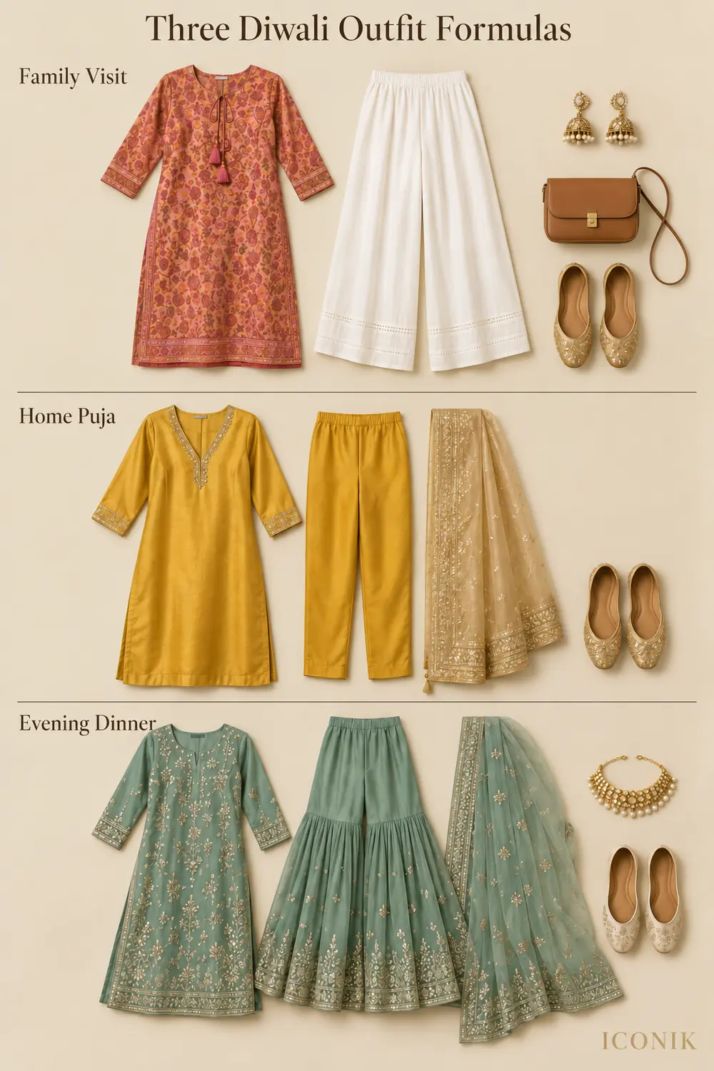 Three labelled flat-lay formulas show rust kurta for visits, mustard silk suit for puja and sea-green sharara for dinner.