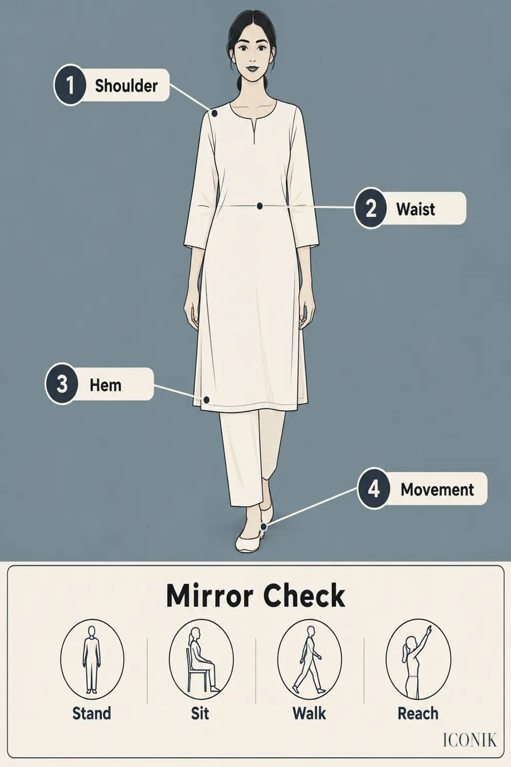 Illustrated four-point garment check marking shoulder, waist, hem and movement, with stand, sit, walk and reach tests.
