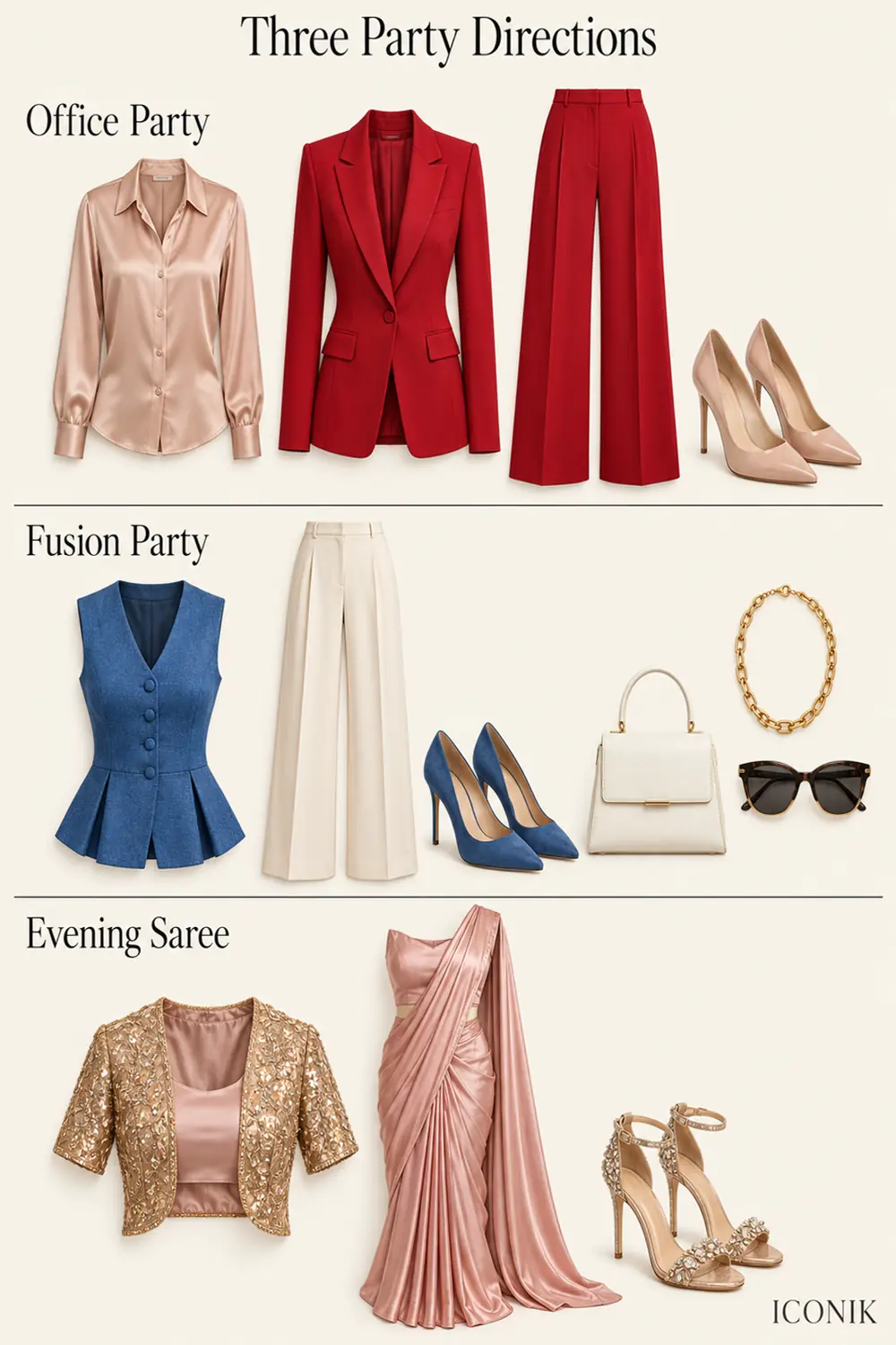 Three labelled flat lays show a red trouser suit, blue waistcoat outfit and blush pre-draped saree for parties.