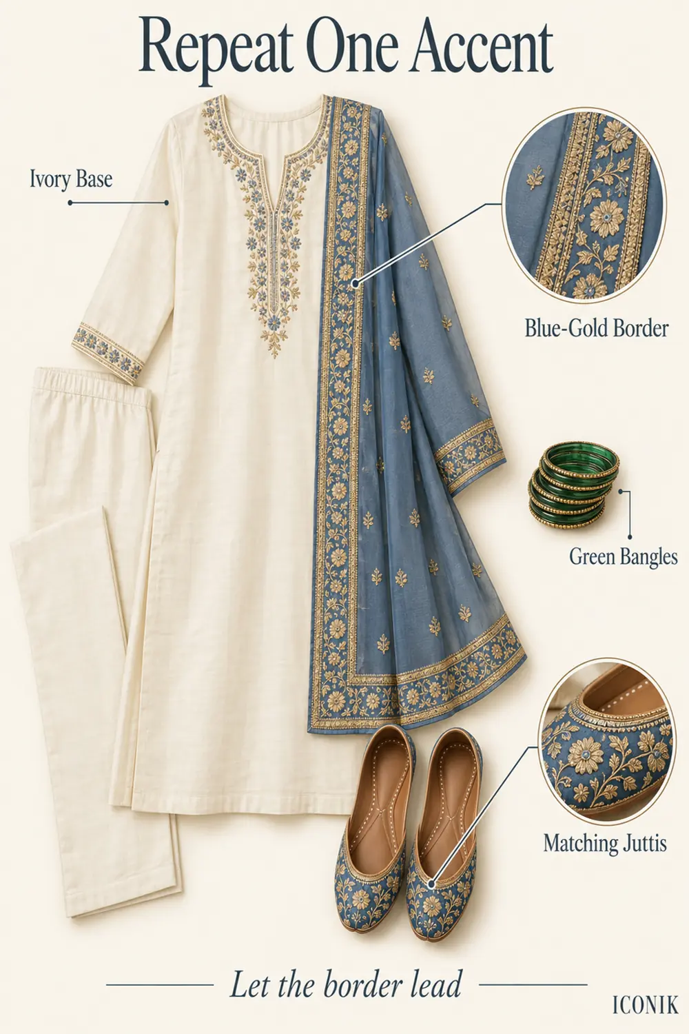 Illustrated ivory kurta set with blue-gold dupatta border repeated in matching juttis, demonstrating one controlled colour accent.