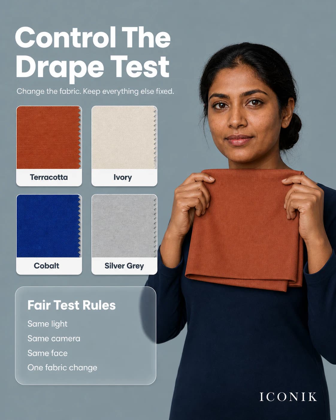 Indian woman holding terracotta fabric beside four labelled swatches and controlled drape-test rules.