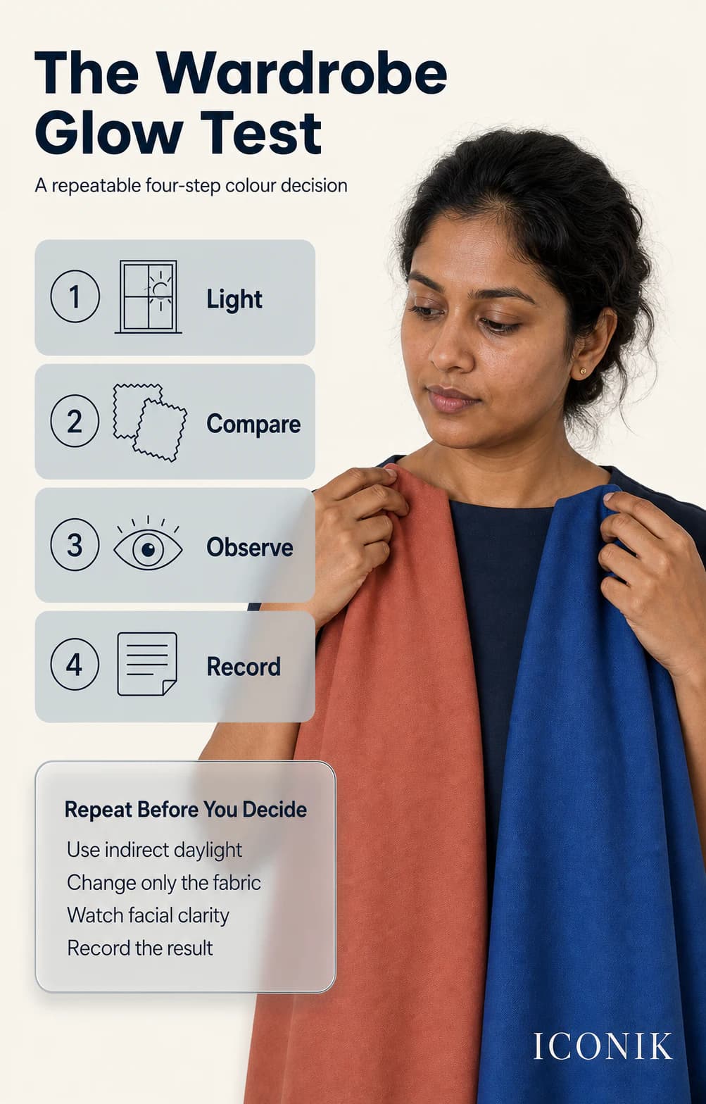Indian woman comparing warm and cool fabrics beside a four-step wardrobe glow-test checklist.