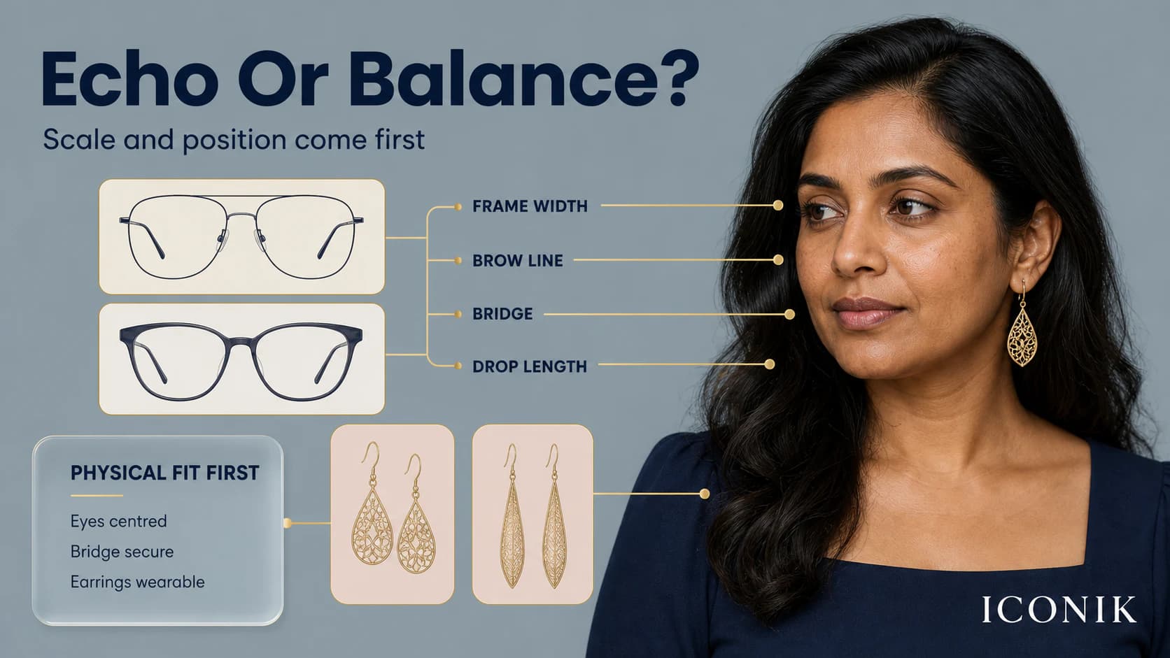 South Asian woman with eyewear and earring comparisons showing echo versus balance, frame width, bridge and vertical drop.