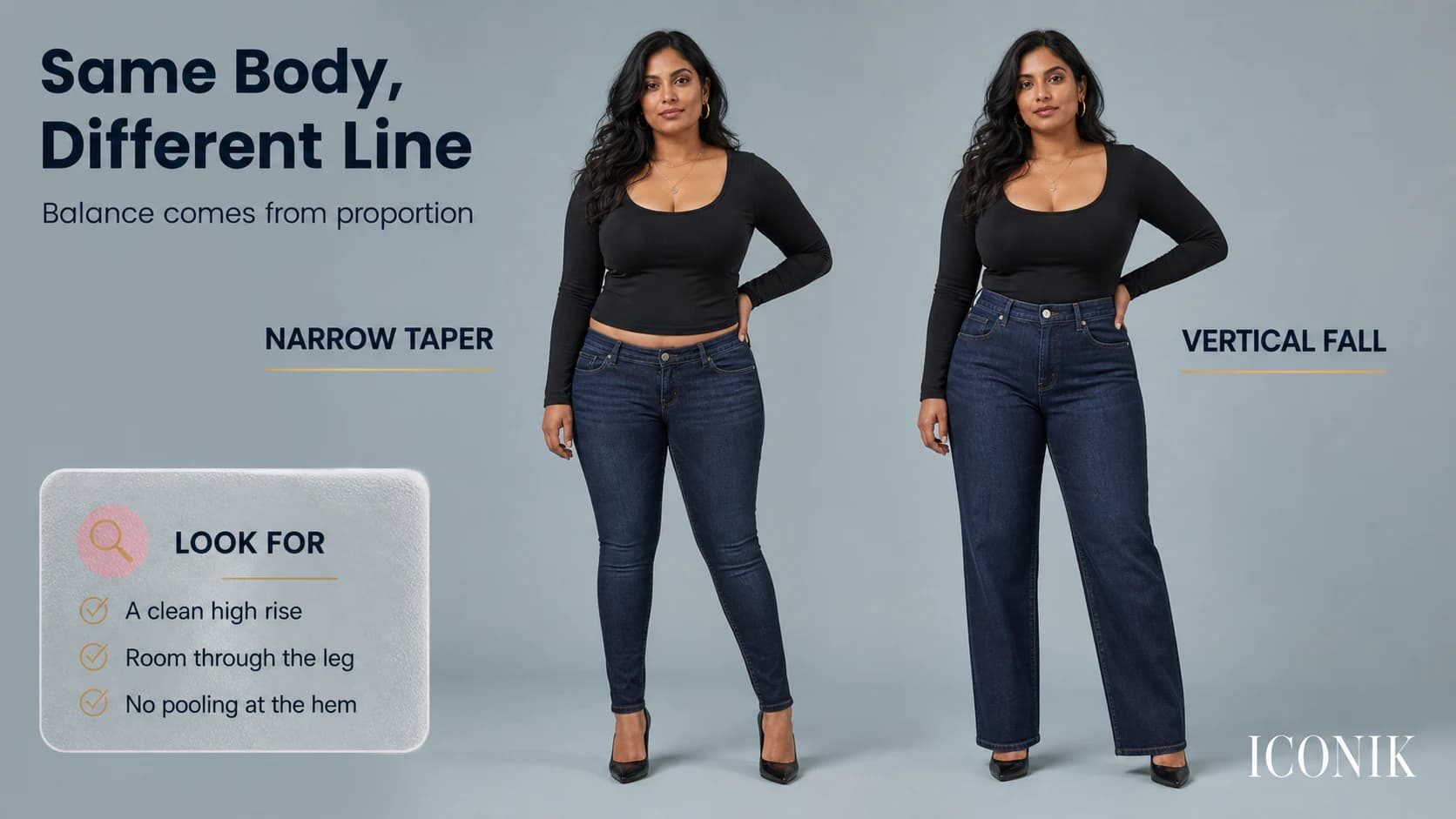 Same Indian woman in very narrow jeans and straight-fall jeans demonstrating how lower-body width changes overall visual balance.