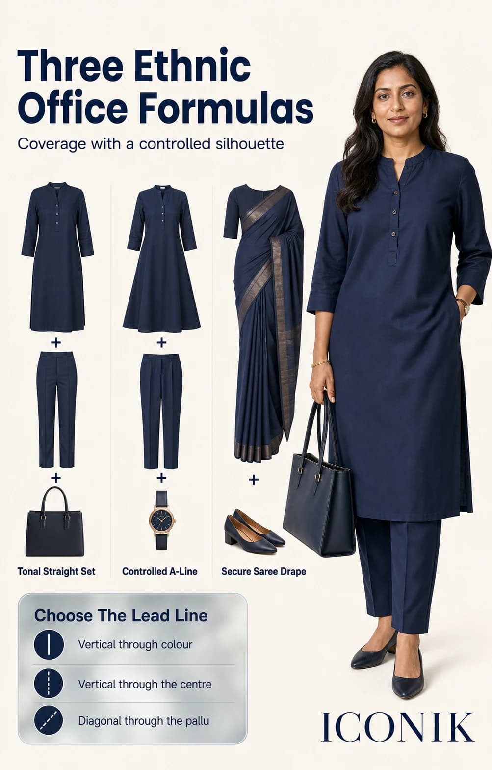 Three modest Indian office formulas showing a tonal straight set, controlled A-line and secure saree drape.