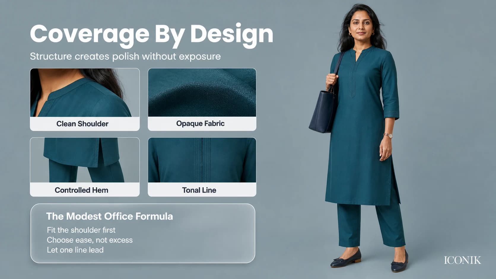 Indian professional in a structured teal kurta beside clean shoulder, opaque fabric, controlled hem and tonal-line details.