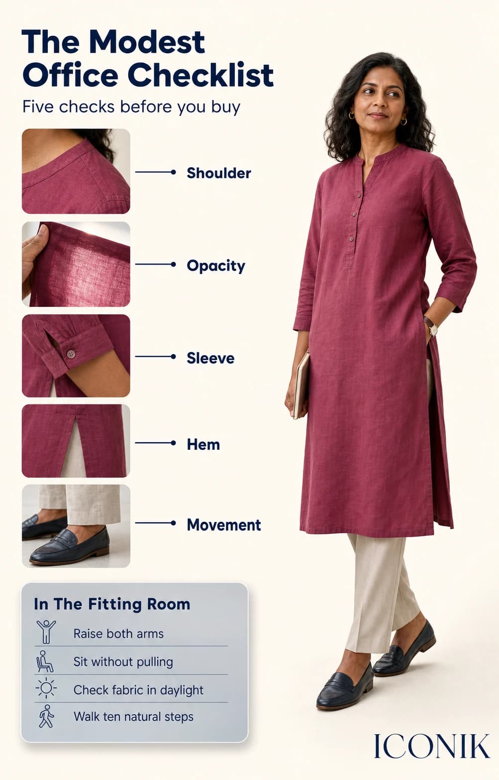 Modest office-wear shopping checklist showing shoulder, opacity, sleeve, hem and movement checks.