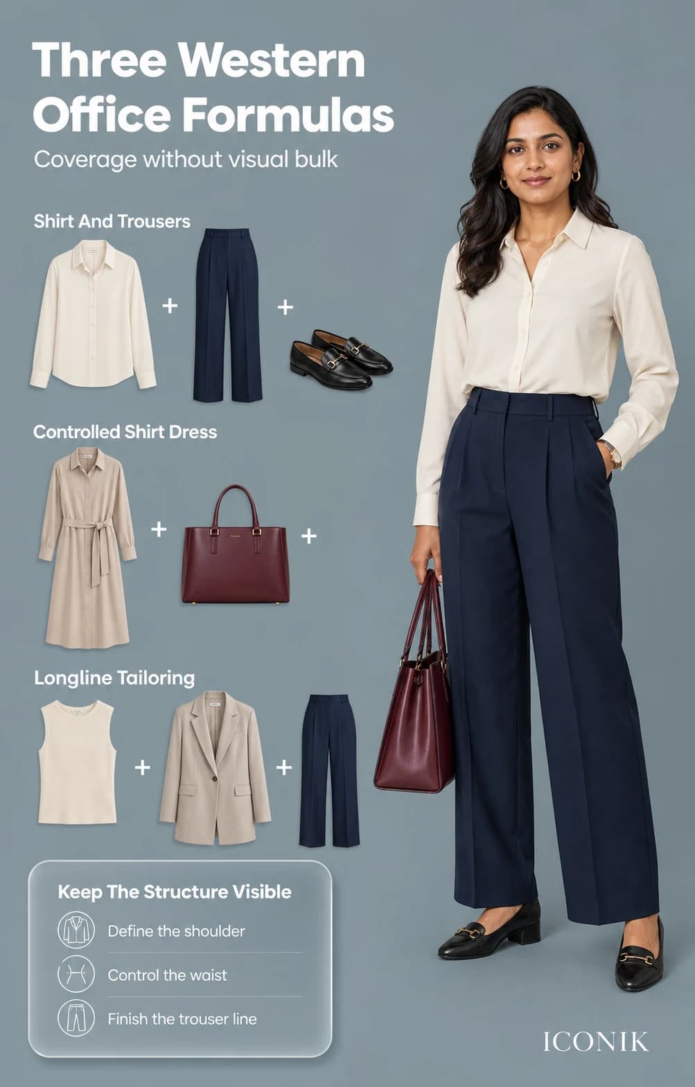 Three modest western office formulas with shirt and trousers, controlled shirt dress and longline tailoring.