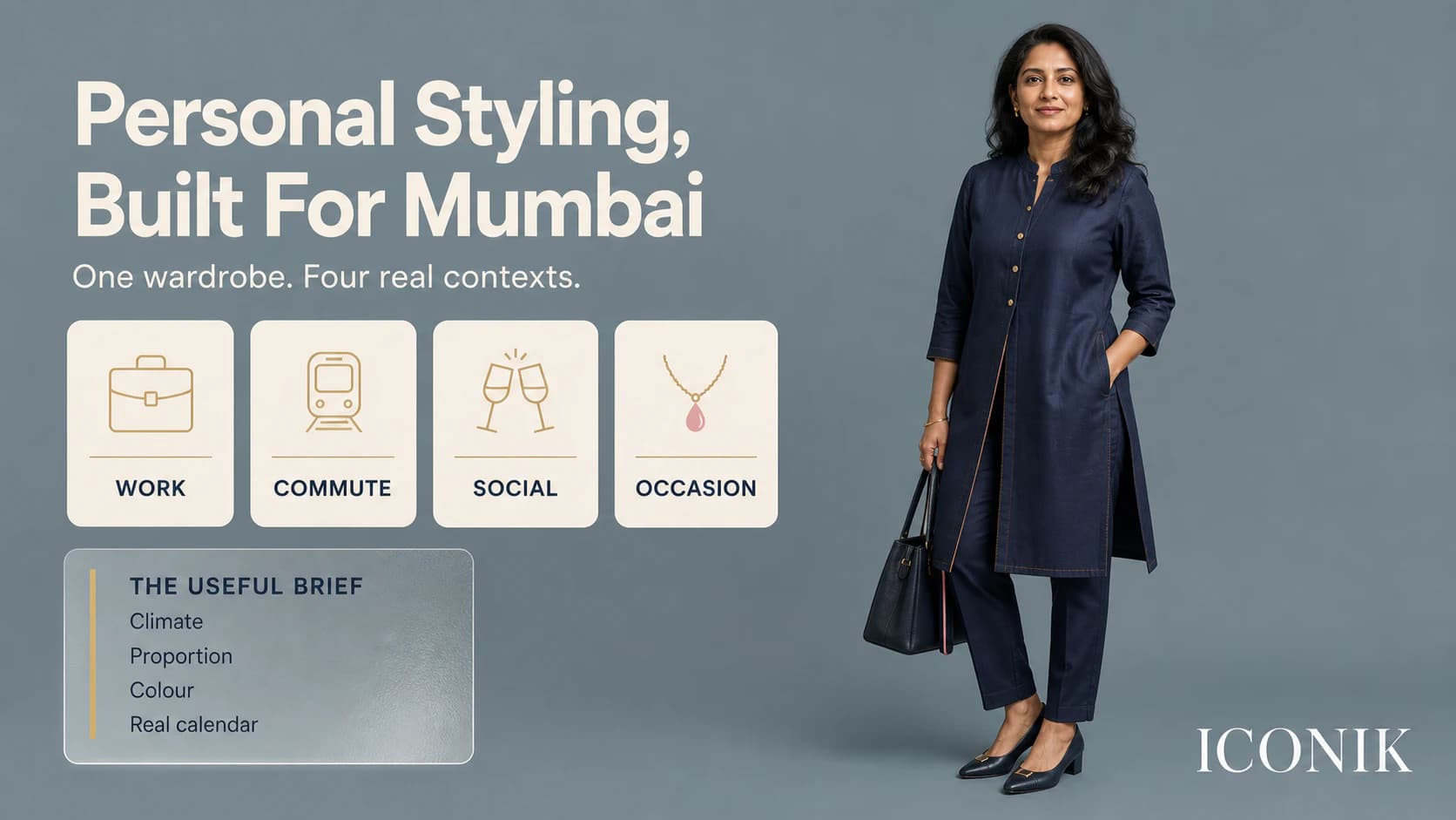 Mumbai professional woman in a breathable structured outfit beside a visual wardrobe system for work, commute, social and occasion wear.