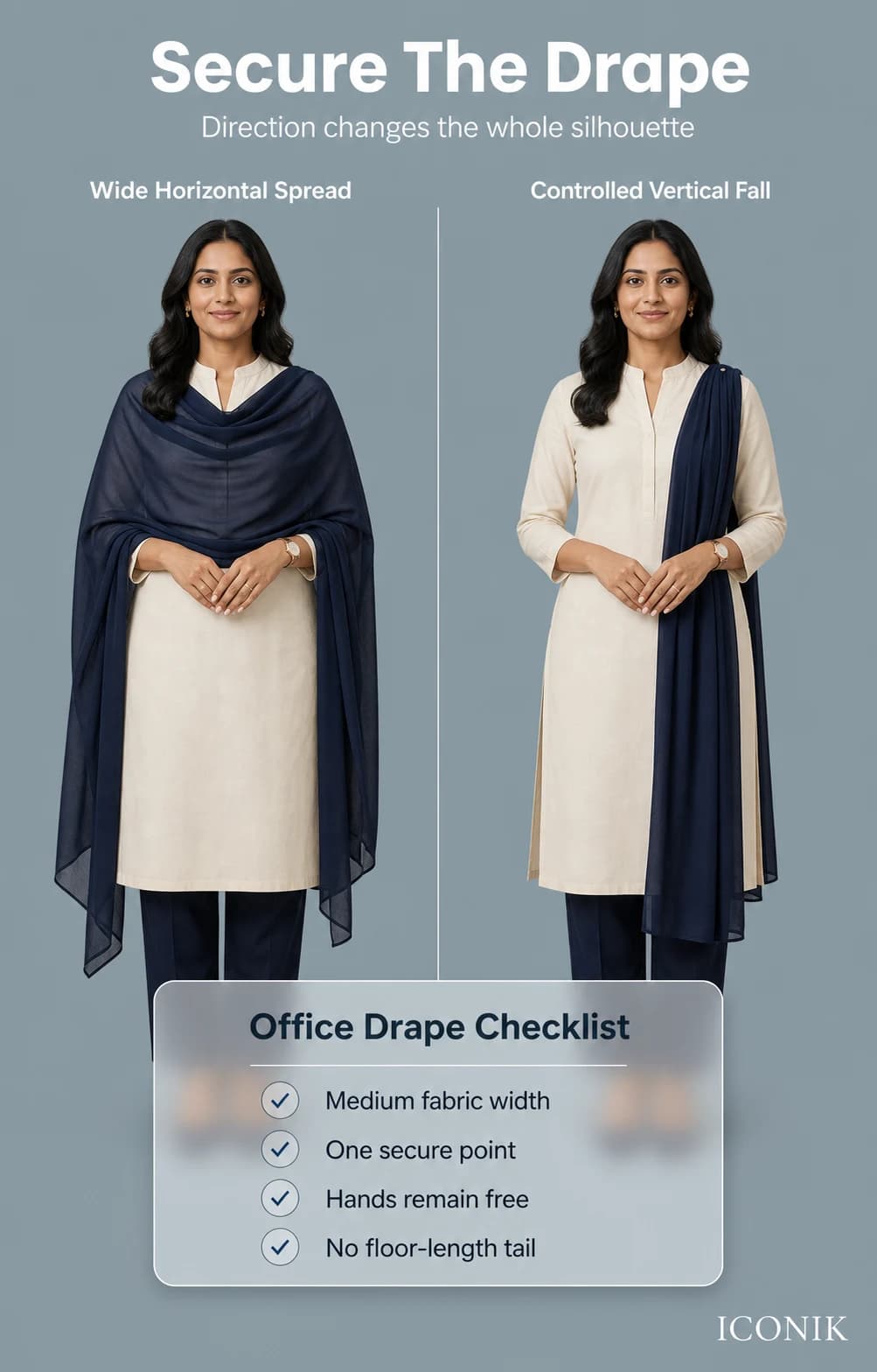 Same Indian woman comparing a wide horizontal dupatta spread with a secure controlled vertical drape.