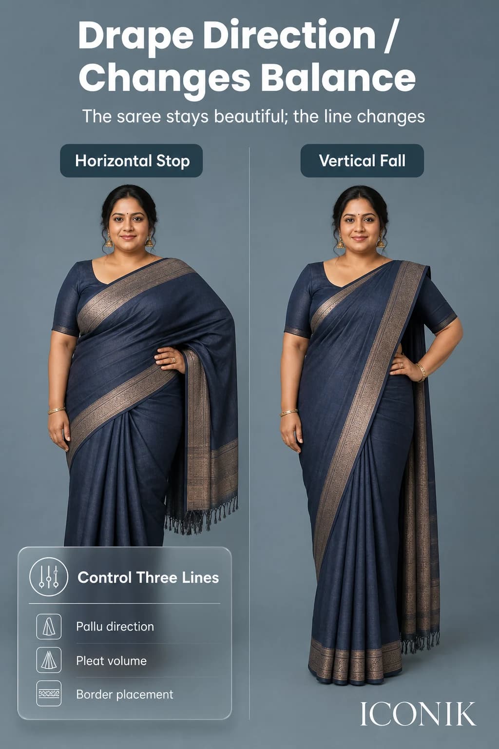 Same fuller-bodied Indian woman with a horizontal pallu stop and a narrower vertical pallu fall in the same navy saree.