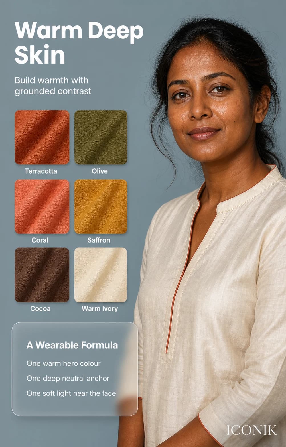 Warm deep Indian skin palette with terracotta, olive, coral, saffron, cocoa and warm ivory.