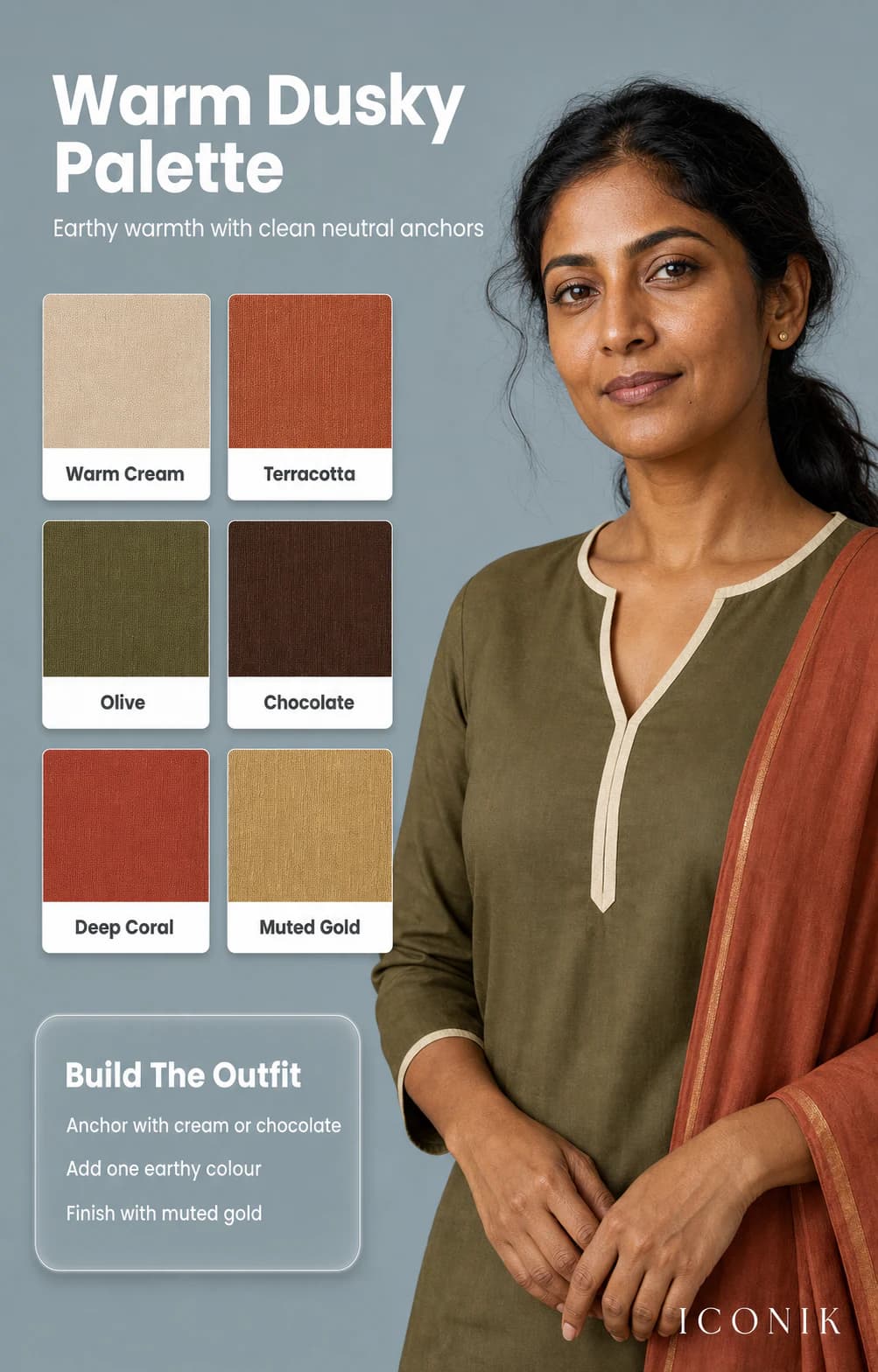 Warm dusky Indian skin palette with cream, terracotta, olive, chocolate, coral and muted gold swatches.