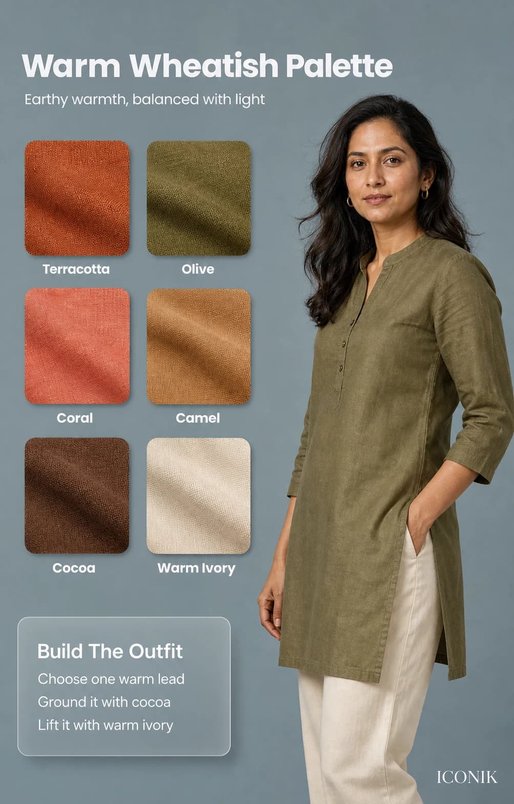 Warm wheatish Indian skin palette with terracotta, olive, coral, camel, cocoa and warm ivory.