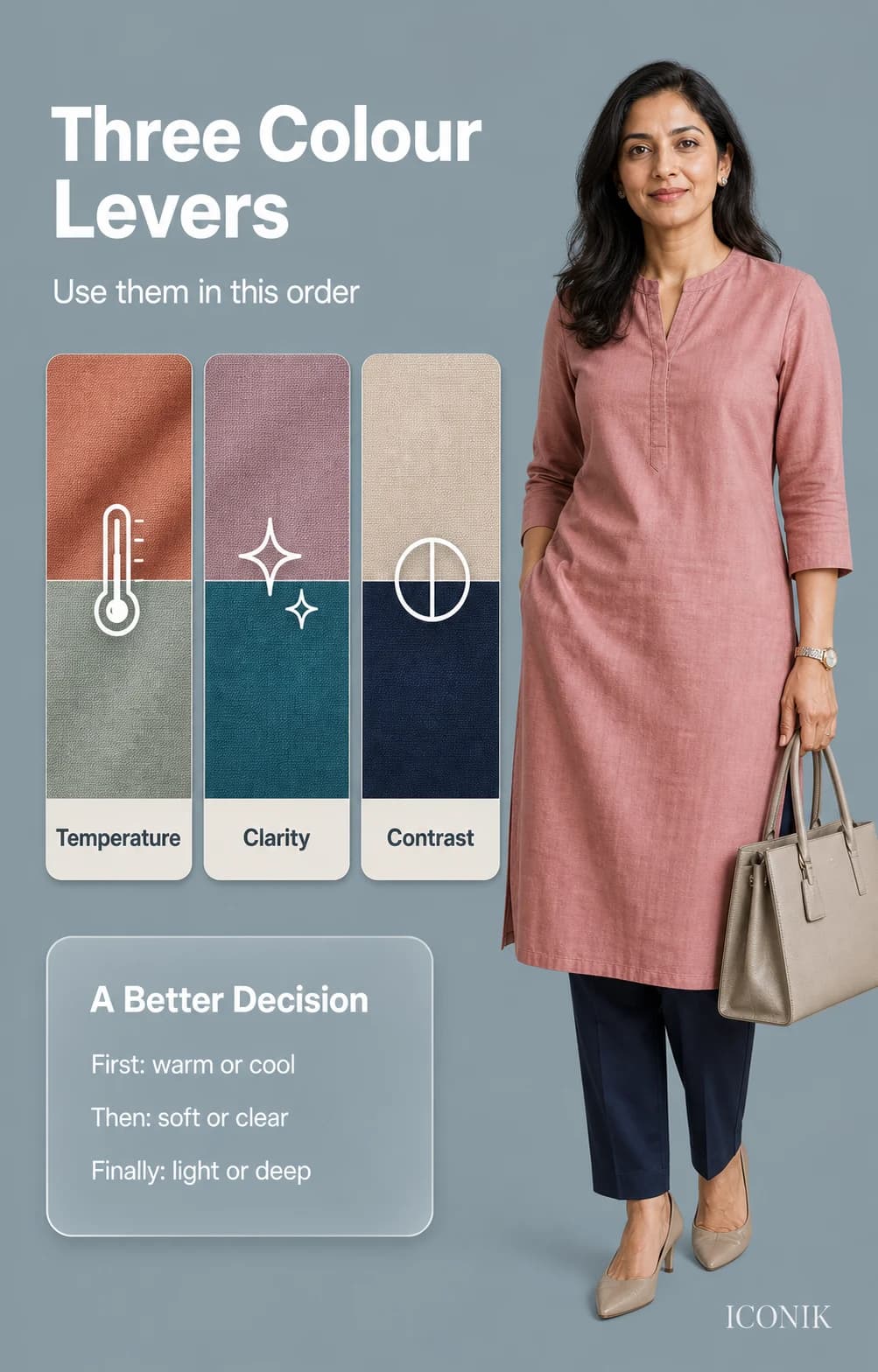 Wheatish Indian office outfit illustrating temperature, clarity and contrast as three colour-selection levers.
