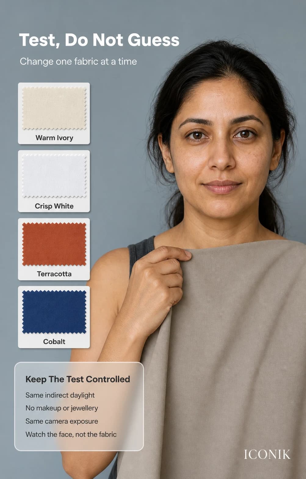 Indian woman comparing warm ivory, crisp white, terracotta and cobalt fabric drapes under consistent light.