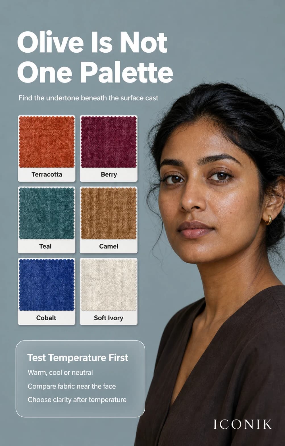 A fictional olive-skinned Indian woman beside warm, cool, and neutral fabric drapes that demonstrate how undertone changes colour harmony