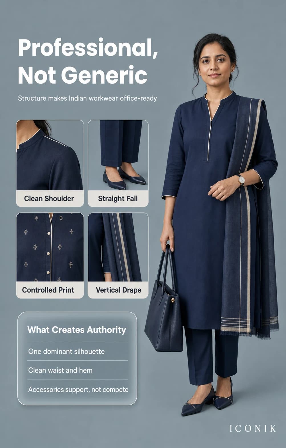 A fictional Indian professional woman shown in three polished office outfit formulas spanning tailored western and structured ethnic workwear
